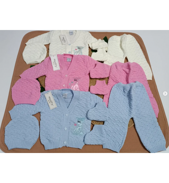 MODİFY 6 ay için 4 parça triko bebe set / MAVİ ZEMİN