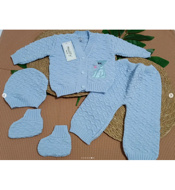 MODİFY 6 ay için 4 parça triko bebe set / MAVİ ZEMİN