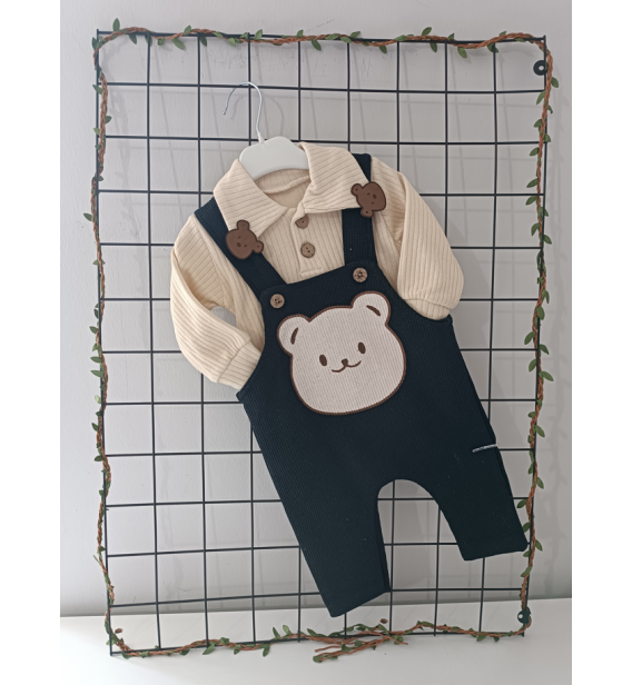 GÖZDE FİTİLLİ PENYE BLUZLU WAFFLE KUMAŞ BEBE SLOPET / AYI KAFA LACİVERT