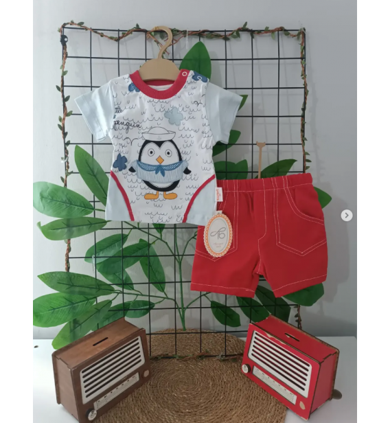 0-6 AY TOMUYCUK PENGUENLİ KETEN ŞORT BEBE TAKIM