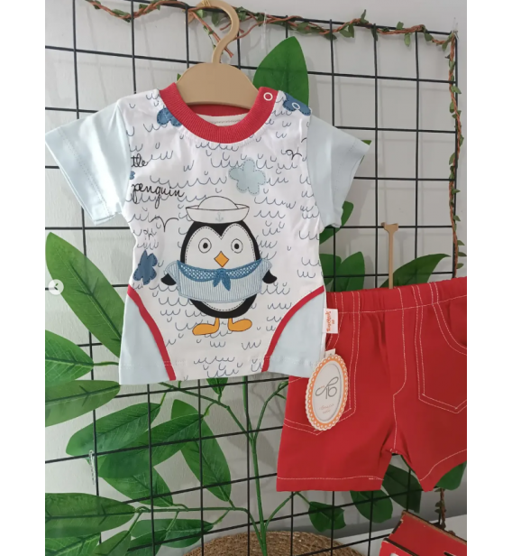0-6 AY TOMUYCUK PENGUENLİ KETEN ŞORT BEBE TAKIM