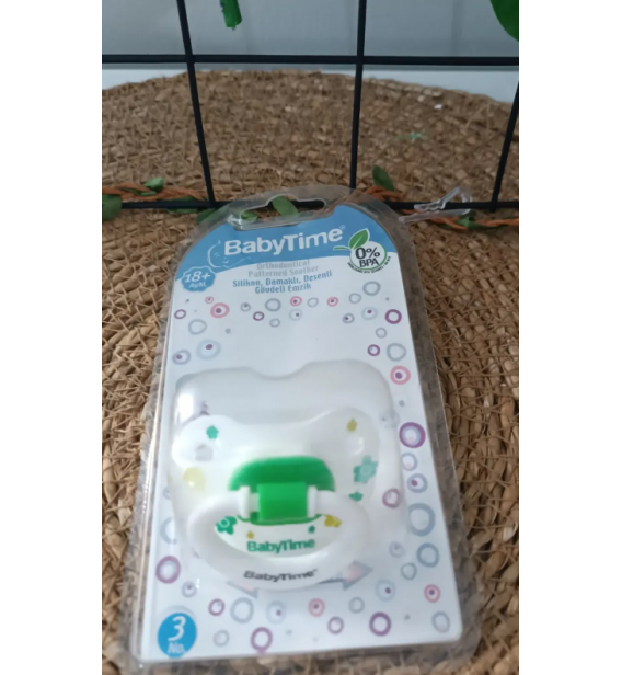 BABY TİME 3 NO (18+) SİLİKON DAMAKLI BEBE EMZİK / yeşil papatyalı