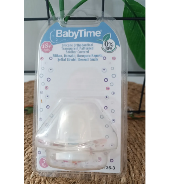 BABY TİME 3 NO (18+) SİLİKON DAMAKLI BEBE EMZİK / şeffaf turuncu baloncuk desen