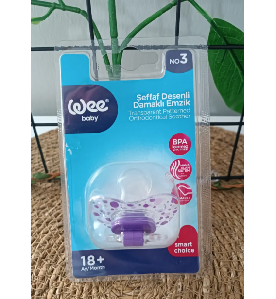 WEE BABY 3 NO (18+) ŞEFFAF DESENLİ DAMAKLI EMZİK/ mor baloncuk desen