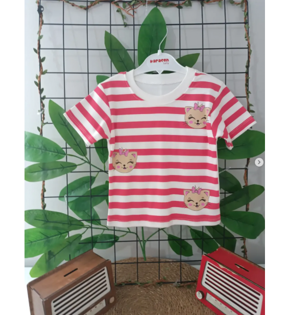 18 ay /KARACON KEDİCİK ÇİZGİLİ PENYE KISA KOL BLUZ / FUŞYA ÇİZGİLİ