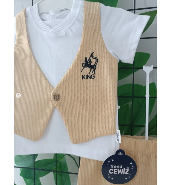 TREND CEWİZ BİTİŞİK CEPKENLİ ŞORTLU PENYE BEBE TAKIM / BEJ
