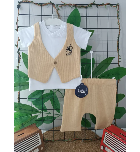 TREND CEWİZ BİTİŞİK CEPKENLİ ŞORTLU PENYE BEBE TAKIM / BEJ