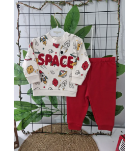 MİNİMUNDO ÜST KALİTE MEVSİMLİK PENYE KUMAŞ BEBE TAKIM ÇEŞİTLERİ / SPACE ROKET TEMALI KIRMIZI