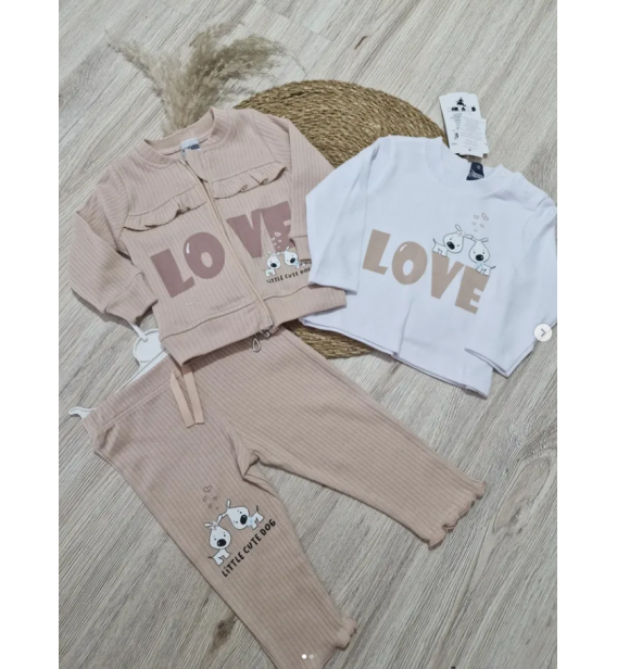 LOVE FİTİLLİ PENYE CEKETLİ ÜÇLÜ KIZ BEBE TAKIM / BEJ