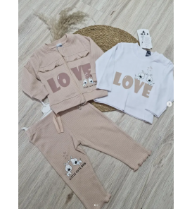 LOVE FİTİLLİ PENYE CEKETLİ ÜÇLÜ KIZ BEBE TAKIM / BEJ