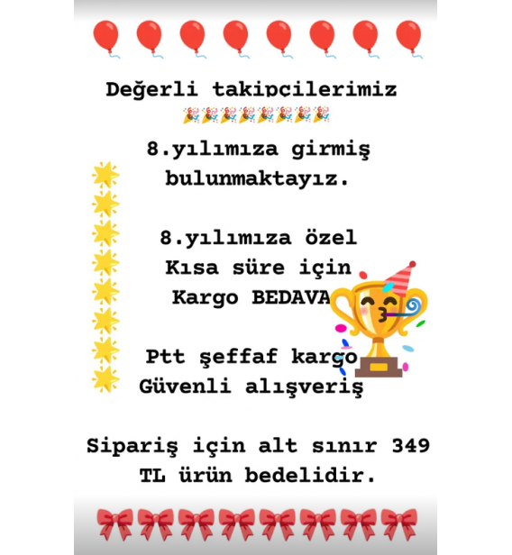 Değerli takipçilerimiz 8.yılımıza girmiş bulunmaktayız. 8.yılımıza özel kargo BEDAVA