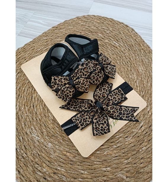 Yenidoğan tasarım leopar patik bandana set